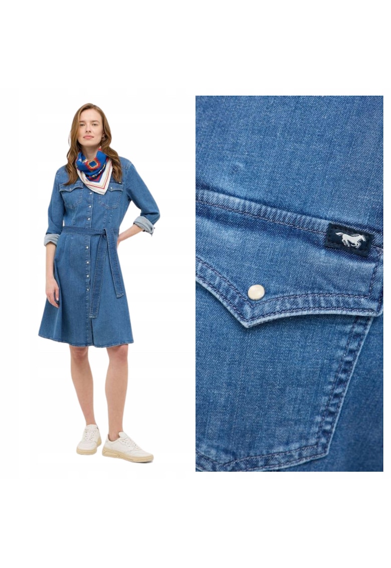 Rochie Dama - Style Elisa Denim Dress - Regular Fit - Cu Guler - Maneci Lungi - Denim Accent - Nasturi - Bumbac - Albastru - Albastru