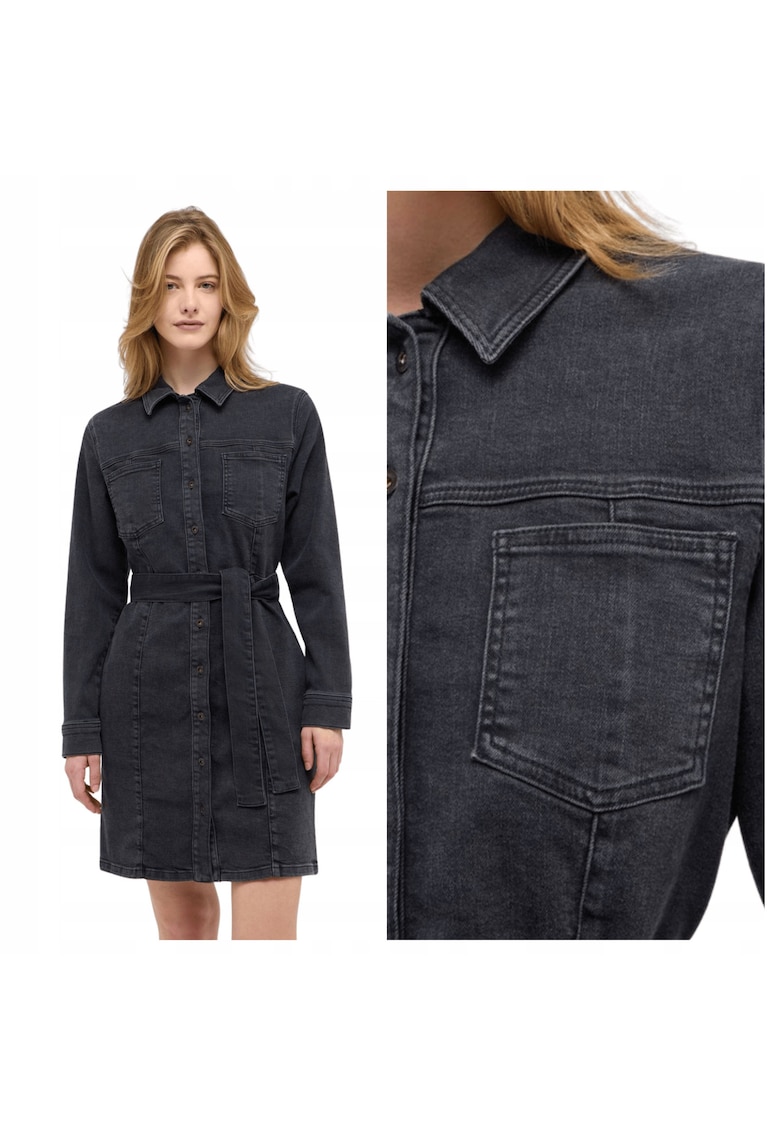 Rochie Dama - Style Elmira Dress - Regular Fit - Cu Guler - Maneci Lungi - Denim Accent - Nasturi - Bumbac - UE - Negru - Negru