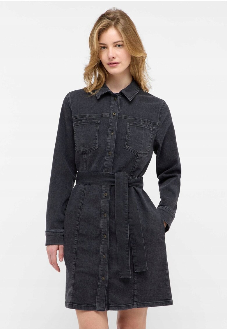 Rochie Dama - Style Elmira Dress - Regular Fit - Cu Guler - Maneci Lungi - Denim Accent - Nasturi - Bumbac - UE - Negru - Negru