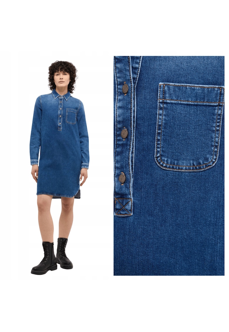 Rochie Dama - Aloha Henley Dress - Regular Fit - Cu Guler - Maneci Lungi - Denim Accent - Nasturi - Bumbac - UE - Albastru - Albastru