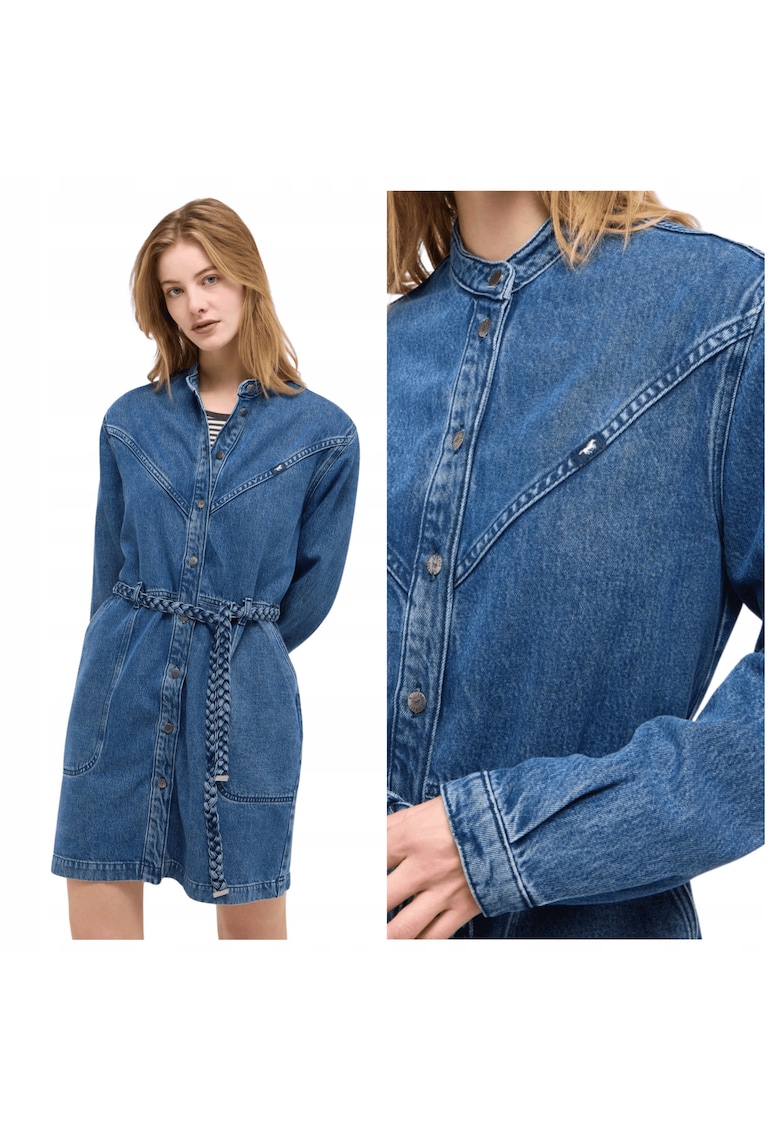 Rochie Dama - Style Paola Dress - Regular Fit - Cu Guler - Maneci Lungi - Denim Accent - Nasturi - Bumbac - UE - Albastru - Albastru