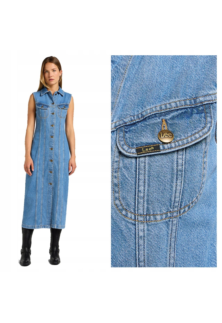 Rochie Dama - Long Slim Dress - Regular Fit - Cu Guler - Fara Maneci - Denim Accent - Nasturi - Bumbac - S INTL - Albastru