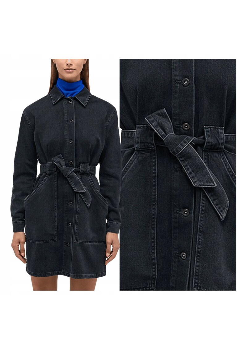 Rochie Dama - Style Alba Denim Dress - Regular Fit - Cu Guler - Maneci Lungi - Denim Accent - Nasturi - Bumbac - 36 UE - Negru