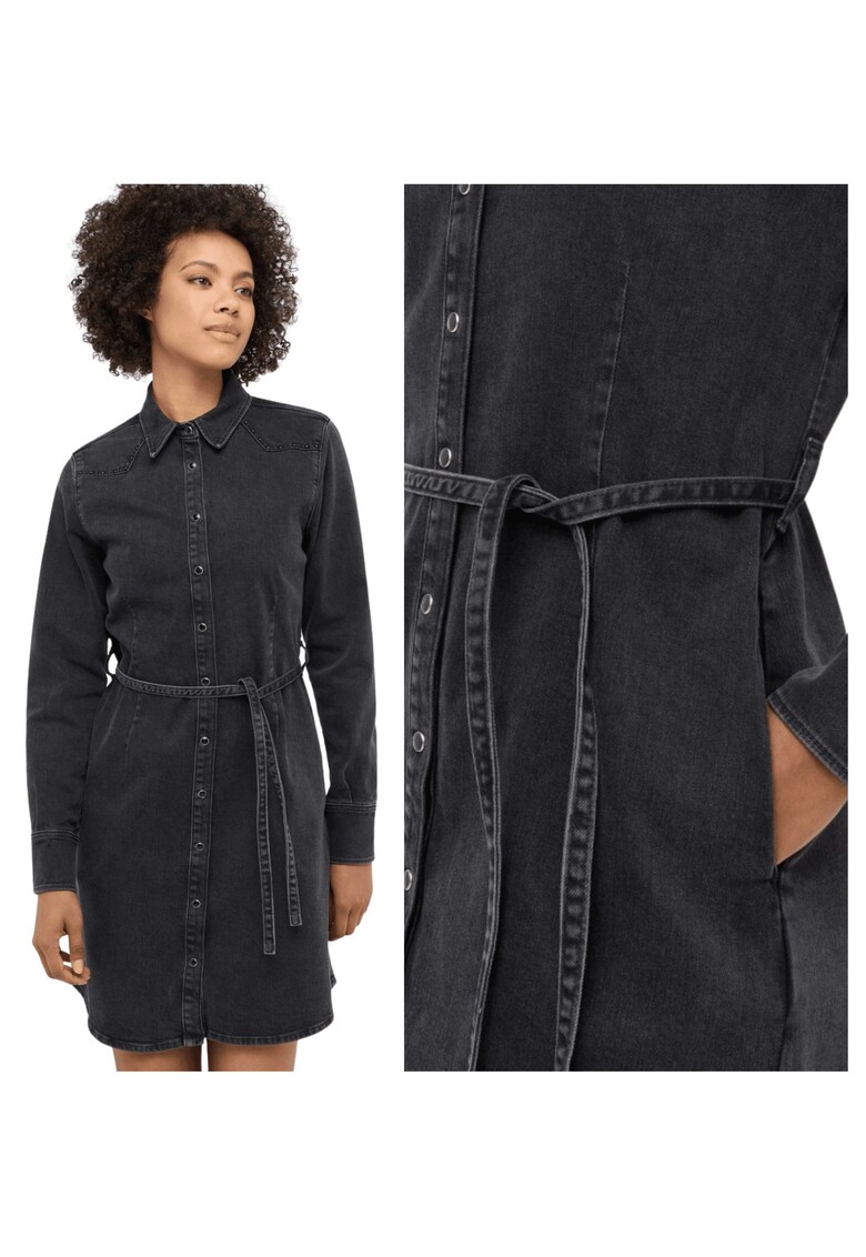 Rochie Dama - Ravenna - Regular Fit - Cu Guler - Maneci Lungi - Denim Accent - Nasturi - Bumbac - 38 UE - Negru