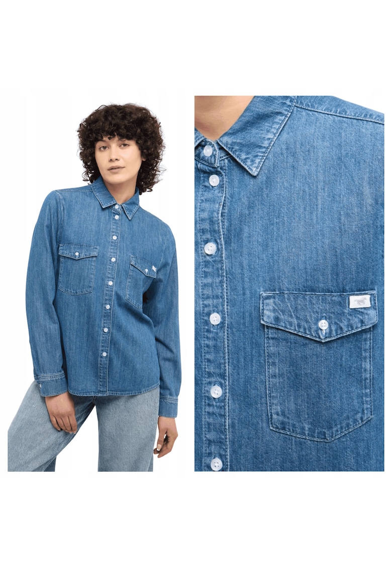 Camasa Dama - Style Sedana Basic Shirt - Regular Fit - Design Clasic - Maneci Lungi - Cu Guler - Cu Nasturi - Bumbac - Albastru - Albastru