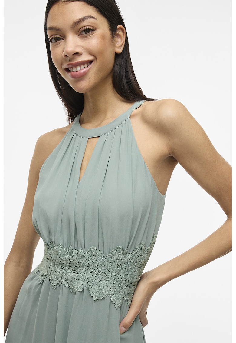 Rochie fara maneci cu garnitura brodata - cu design stratificat - Verde pal