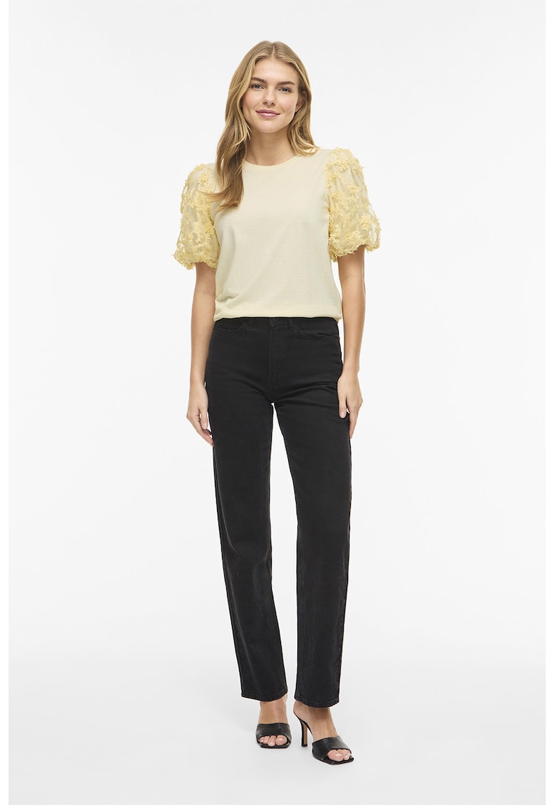 Tricou cu maneci brodate - Galben deschis
