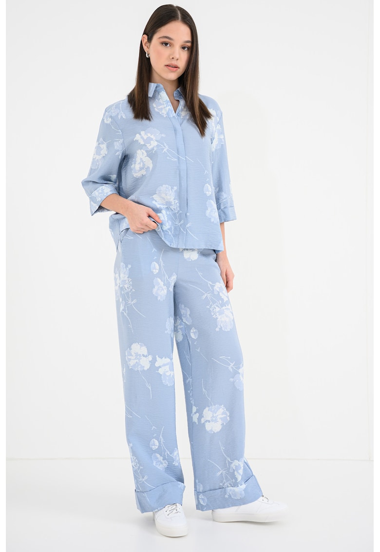 Pantaloni ampli cu imprimeu grafic Nara - Alb/Albastru glaciar