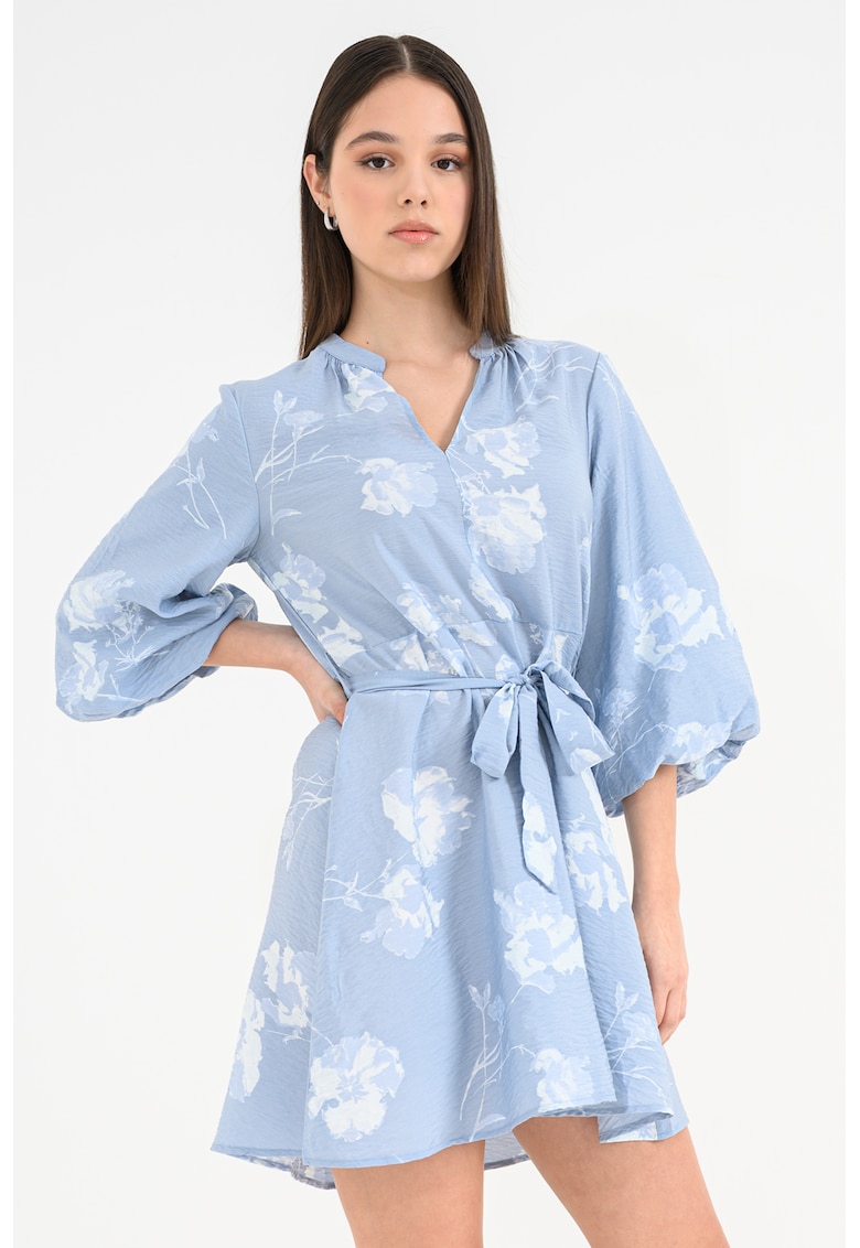 Rochie tunica cu un cordon in talie Nara - Alb optic/Albastru glaciar