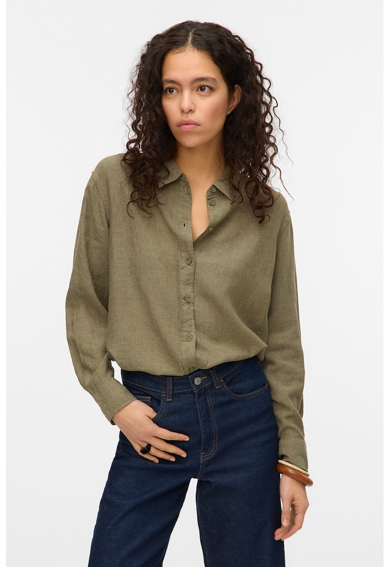 Camasa din amestec de in cu guler ascutit - Kaki inchis