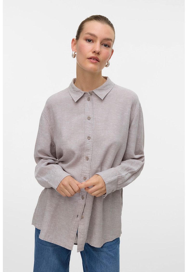 Camasa din amestec de in cu guler ascutit - Maro taupe deschis