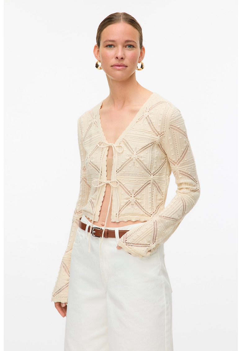 Cardigan tricotat cu snururi frontale - Bej deschis
