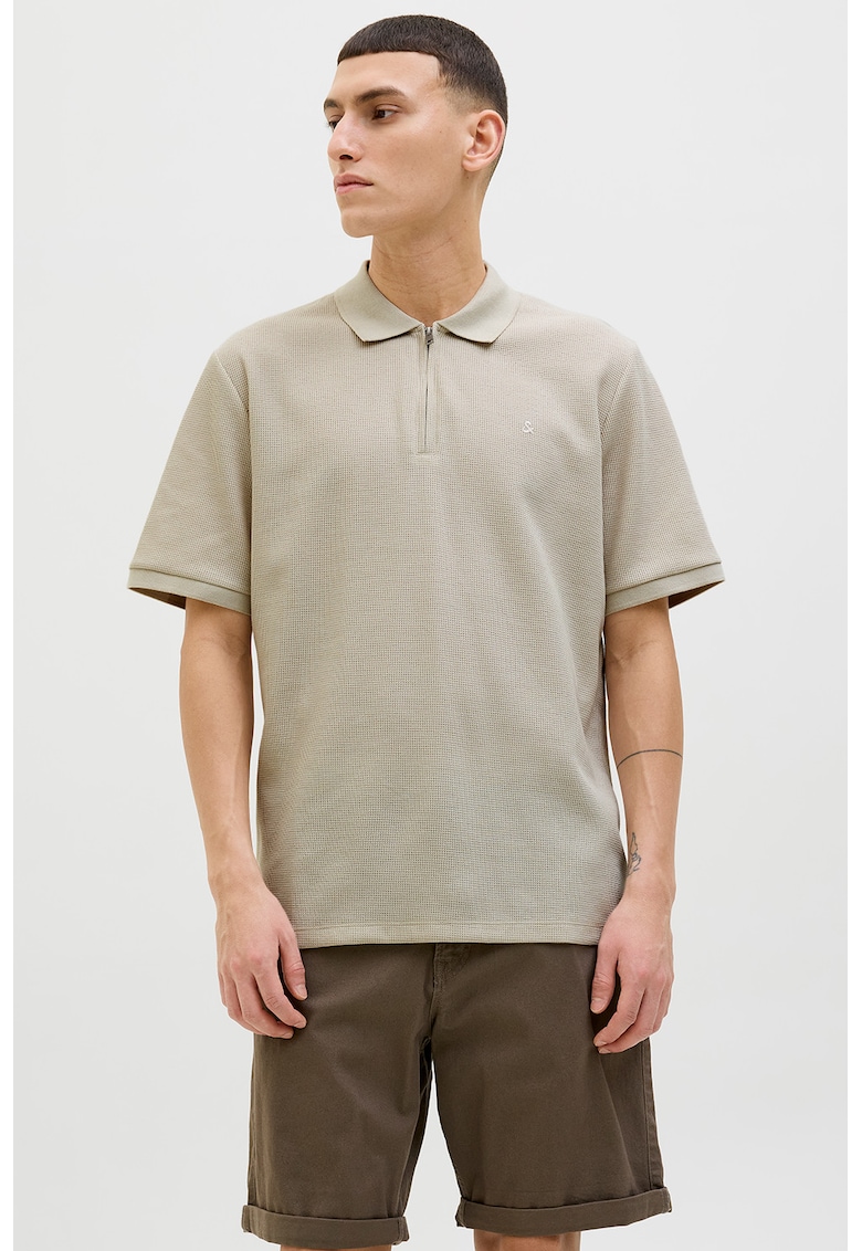 Tricou polo din amestec de bumbac organic cu fenta cu fermoar - Maro nisip