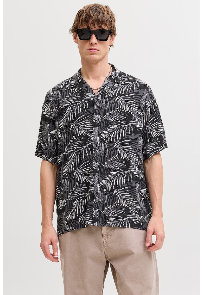 Camasa cu maneci scurte si model tropical - Alb/Negru/Gri