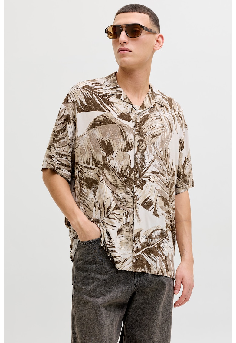 Camasa cu maneci scurte si model tropical - Alb/Maro