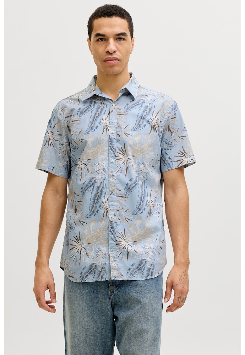 Camasa cu model tropical cu guler clasic - Albastru pastel/Maro