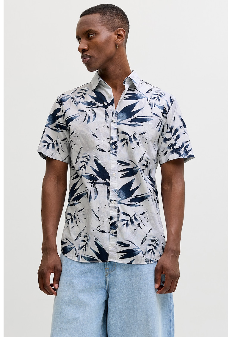 Camasa cu model tropical cu guler clasic - Alb/Bleumarin