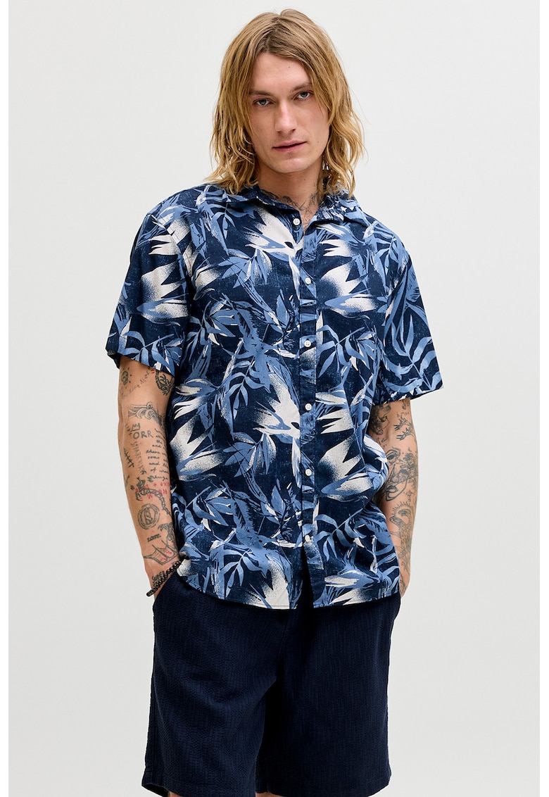 Camasa cu model tropical cu guler clasic - Alb/Albastru