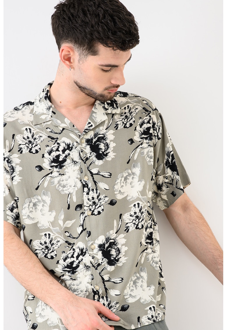 Camasa cu model floral Jeff - Alb/Negru/Gri cenusiu