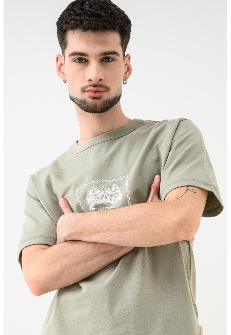Tricou cu decolteu la baza gatului si imprimeu Nan - Alb/Verde sparanghel