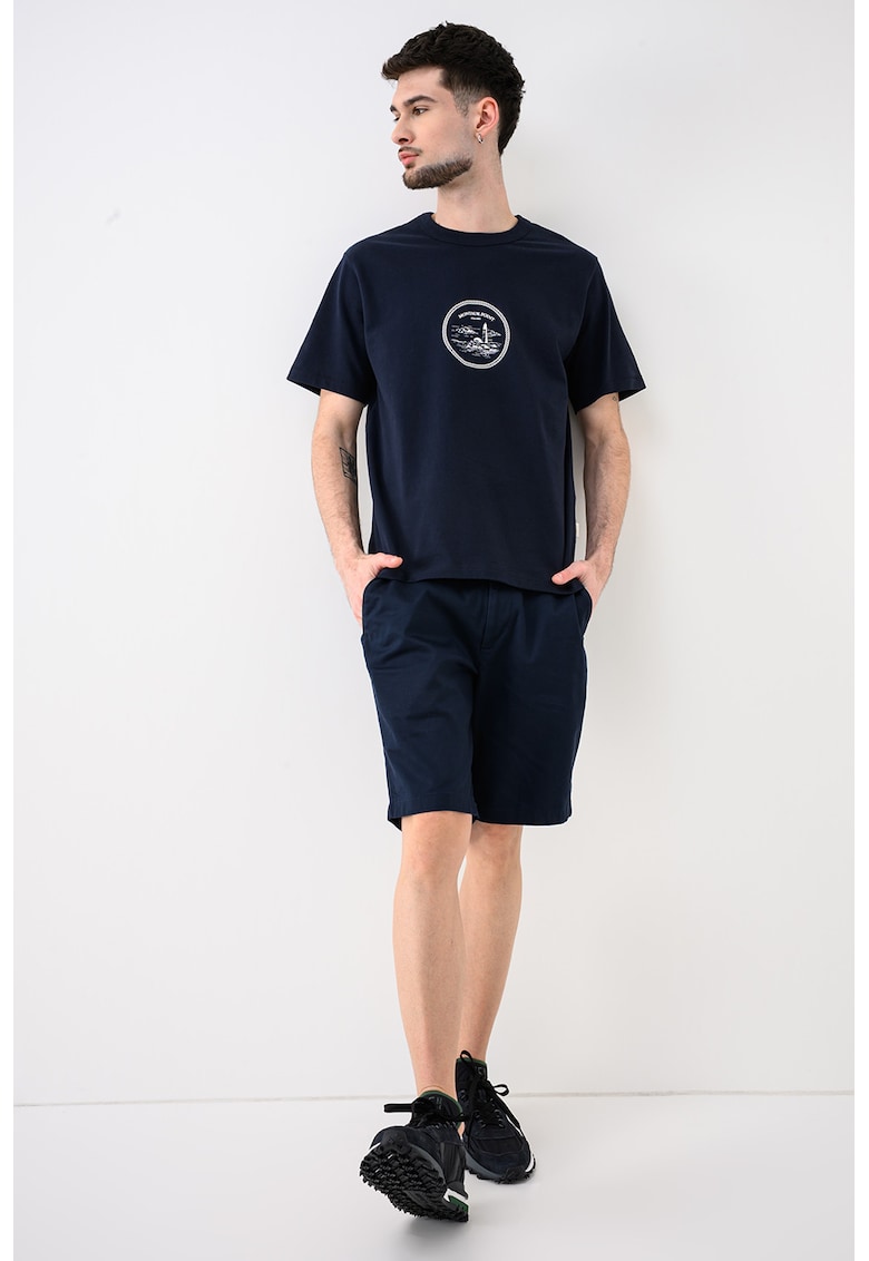 Tricou cu decolteu la baza gatului si imprimeu Nan - Alb/Bleumarin