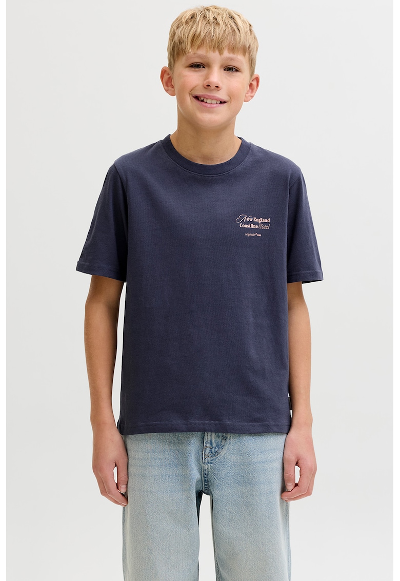 Tricou de bumbac cu imprimeu text si grafic - Portocaliu/Bleumarin