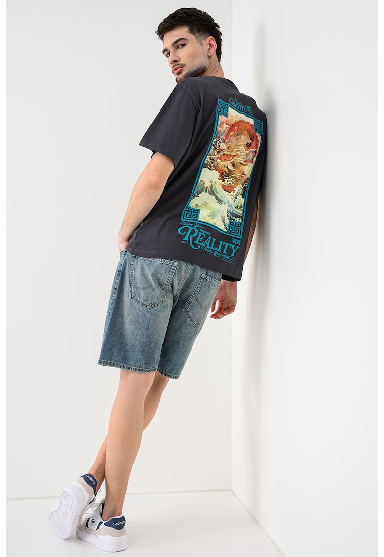 Tricou cu decolteu la baza gatului si imprimeu pe partea din spate - Galben antichizat/Gri inchis