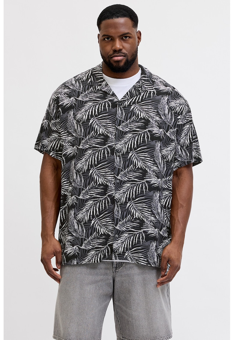 Camasa cu model tropical si maneci scurte - Alb/Negru/Gri