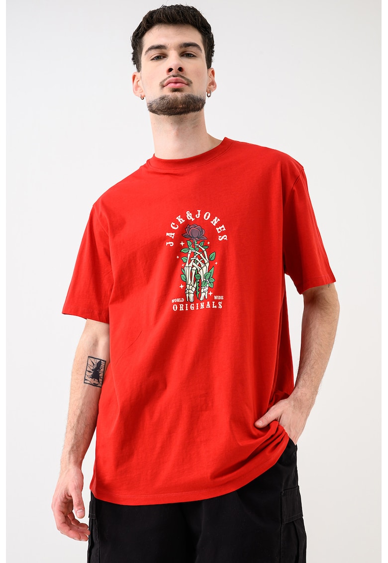 Tricou de bumbac organic cu imprimeu grafic si logo - Rosu/Verde