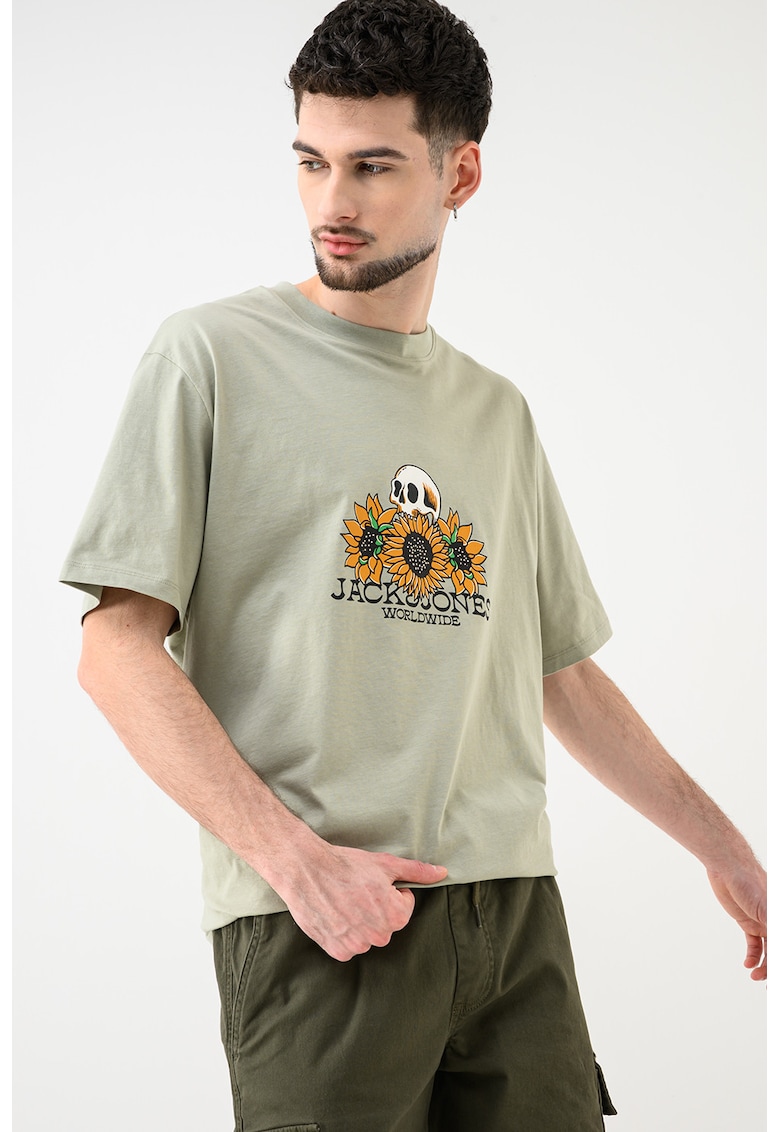 Tricou de bumbac organic cu imprimeu grafic si logo - Portocaliu/Gri cenusiu