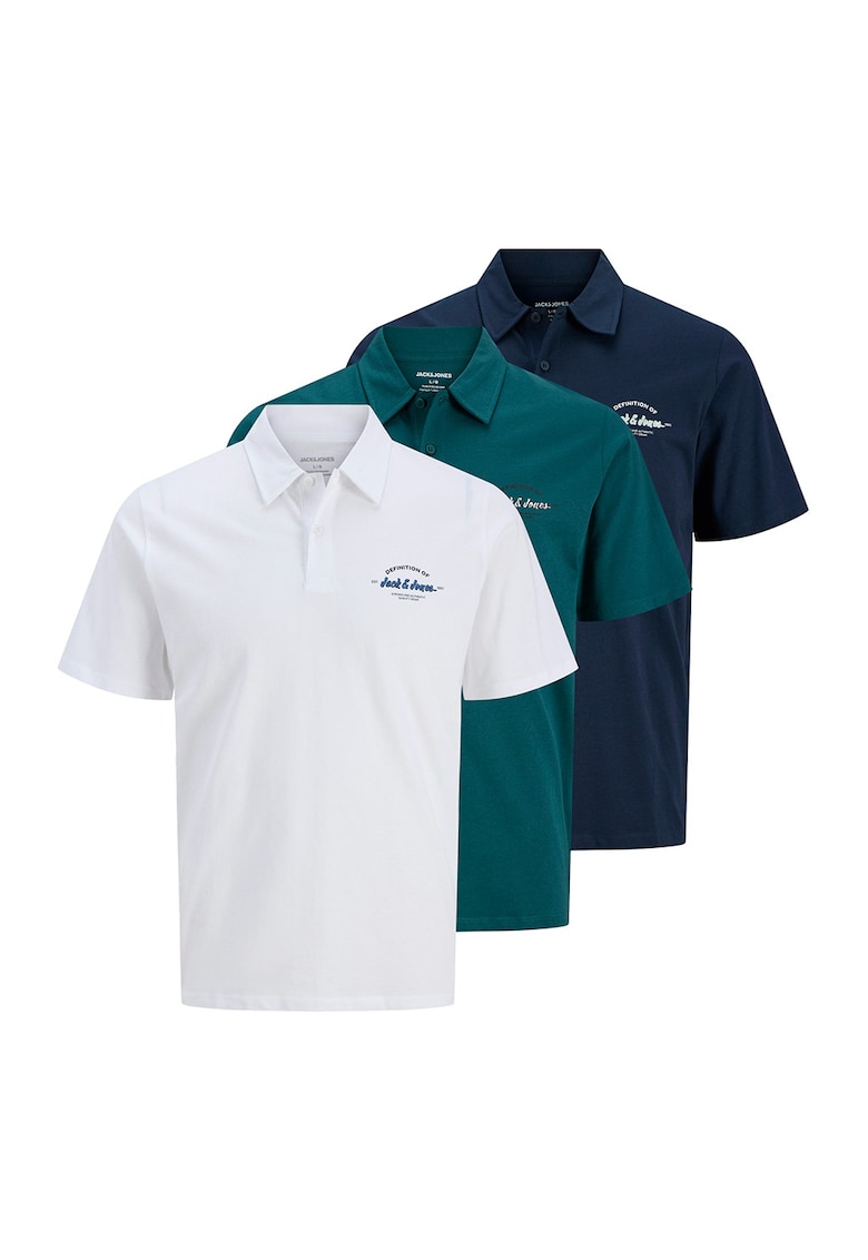 Set de tricouri polo de bumbac - 3 piese - Alb/Verde persan/Bleumarin