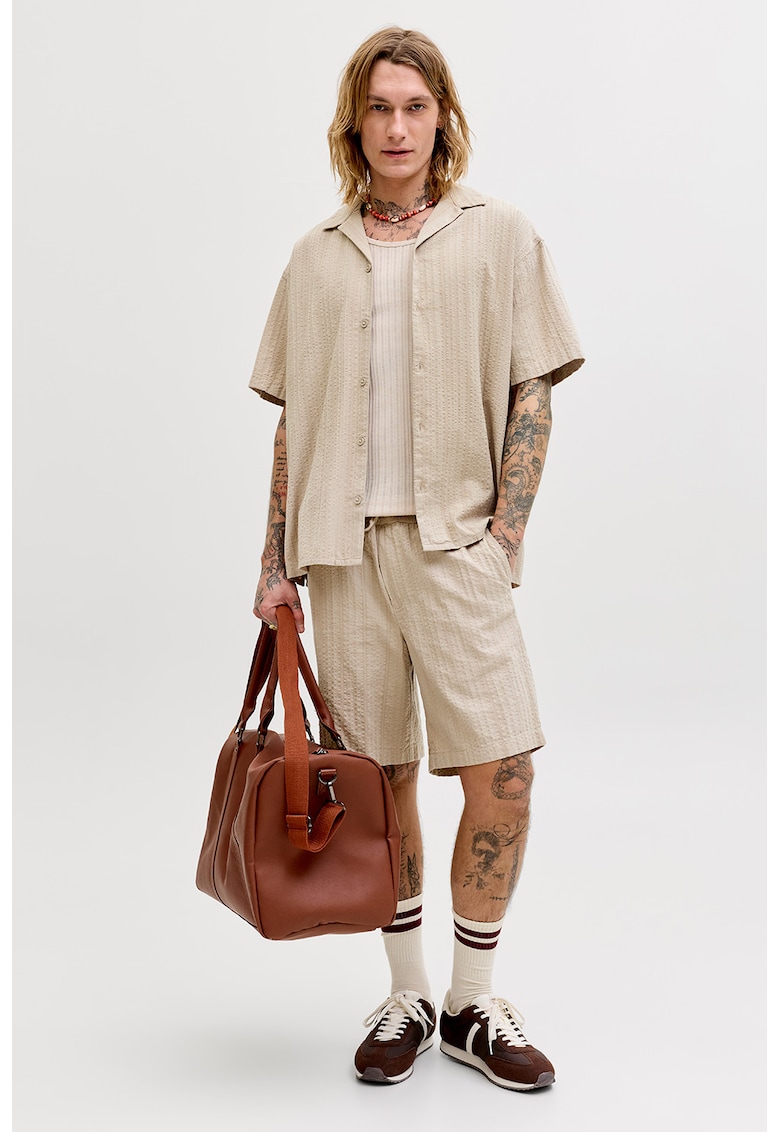 Set de camasa texturata din amestec de bumbac organic si pantaloni scurti - 2 piese - Bej deschis