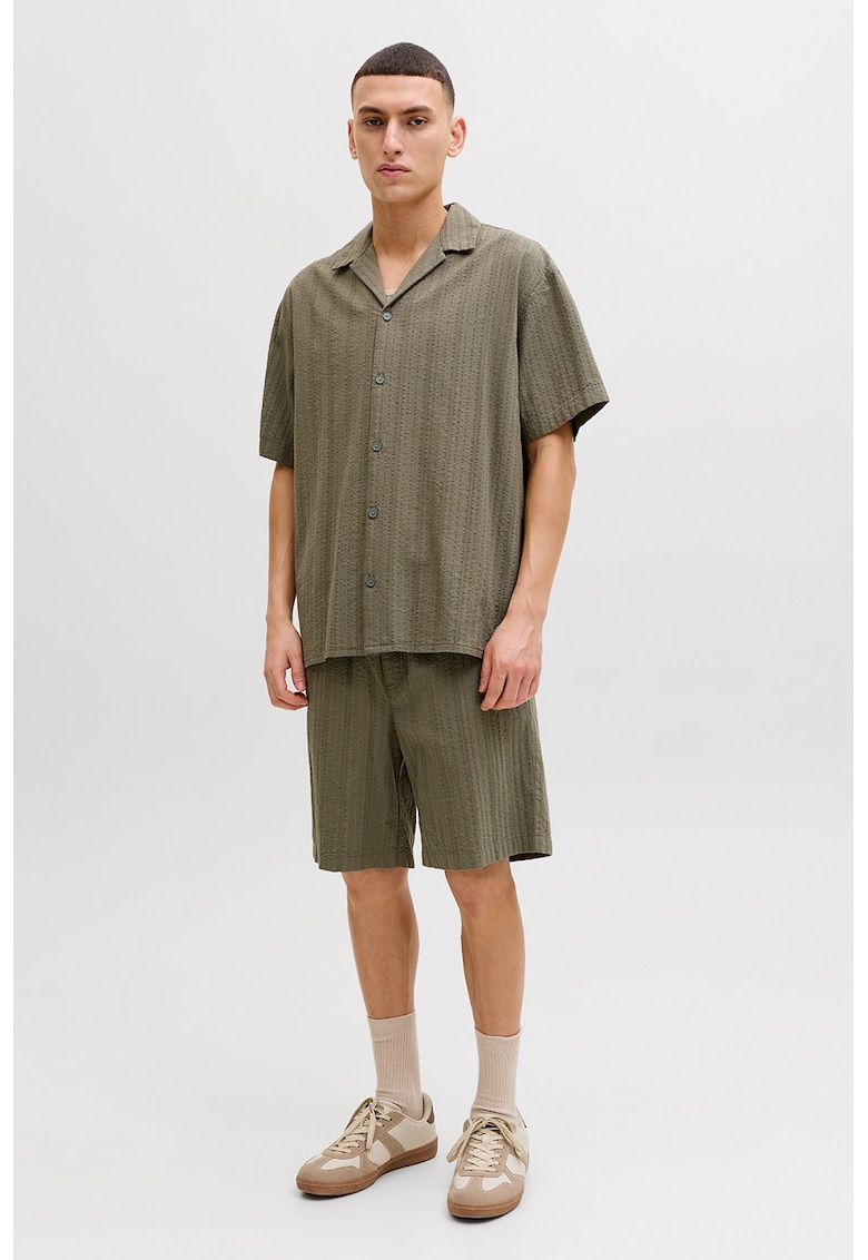 Set de camasa texturata din amestec de bumbac organic si pantaloni scurti - 2 piese - Kaki inchis