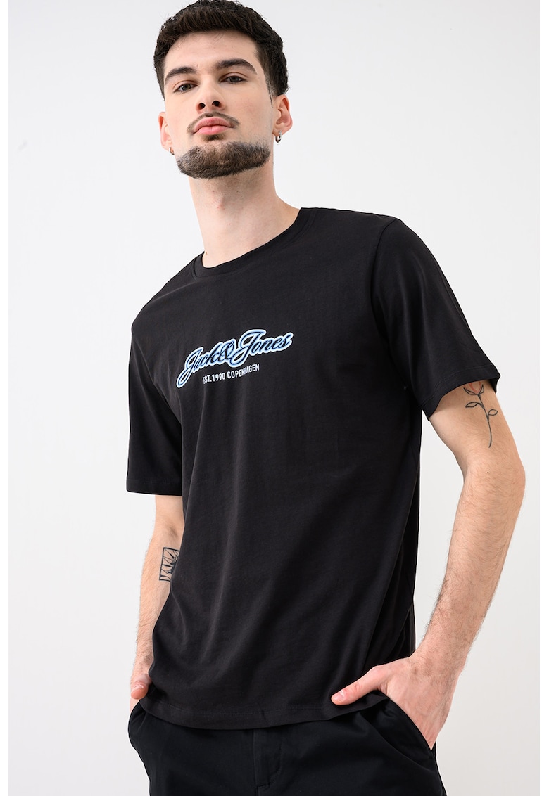 Tricou de bumbac organic cu decolteu la baza gatului Jorcatskills - Negru/Albastru