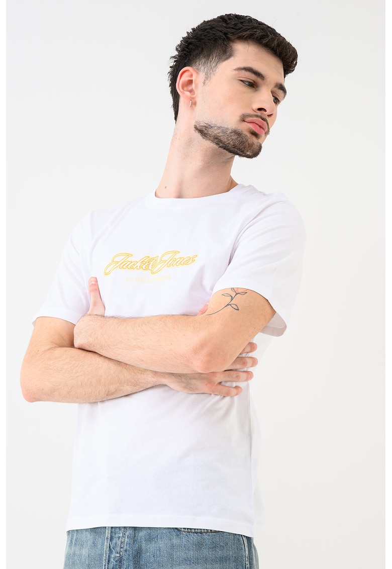 Tricou de bumbac organic cu decolteu la baza gatului Jorcatskills - Alb/Portocaliu