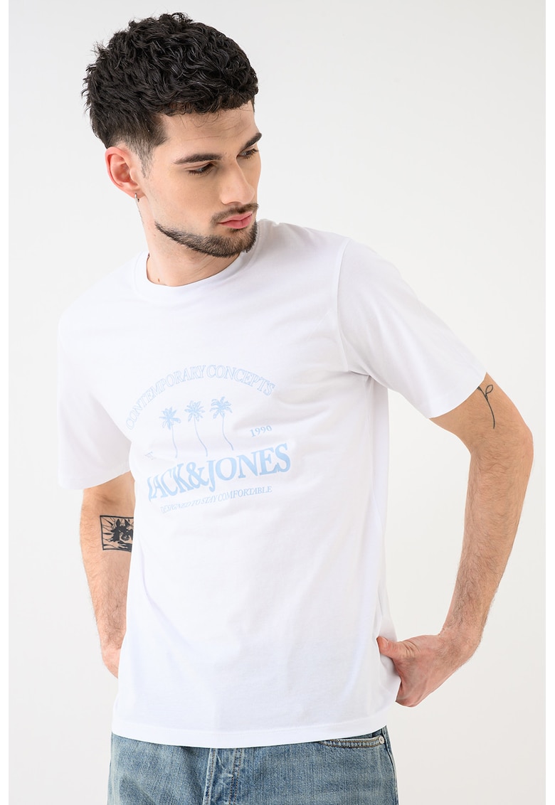 Tricou de bumbac organic cu imprimeu logo Jornantucket - Alb/Albastru prafuit