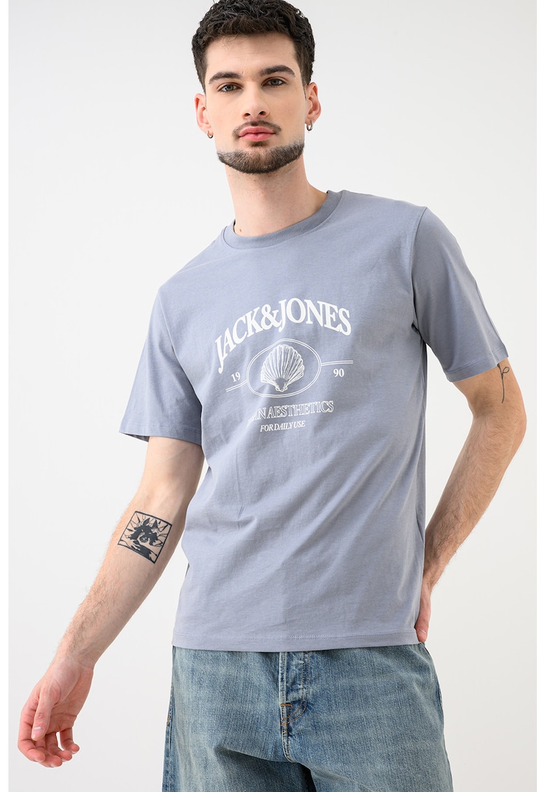 Tricou de bumbac organic cu imprimeu logo Jornantucket - Alb/Albastru stins