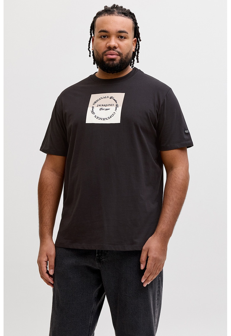 Tricou cu decolteu la baza gatului si imprimeu logo - Negru