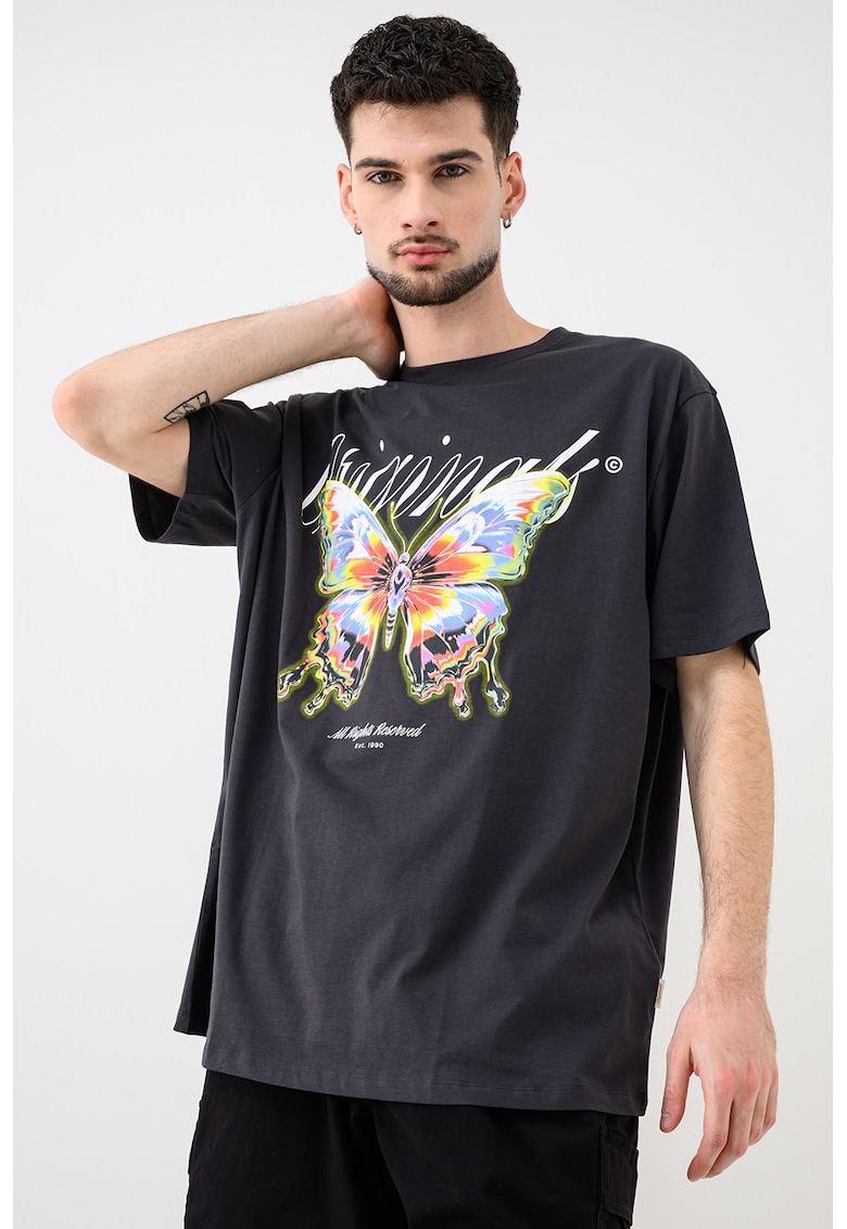 Tricou lejer din bumbac organic cu imprimeu grafic - Galben/Albastru/Gri antracit