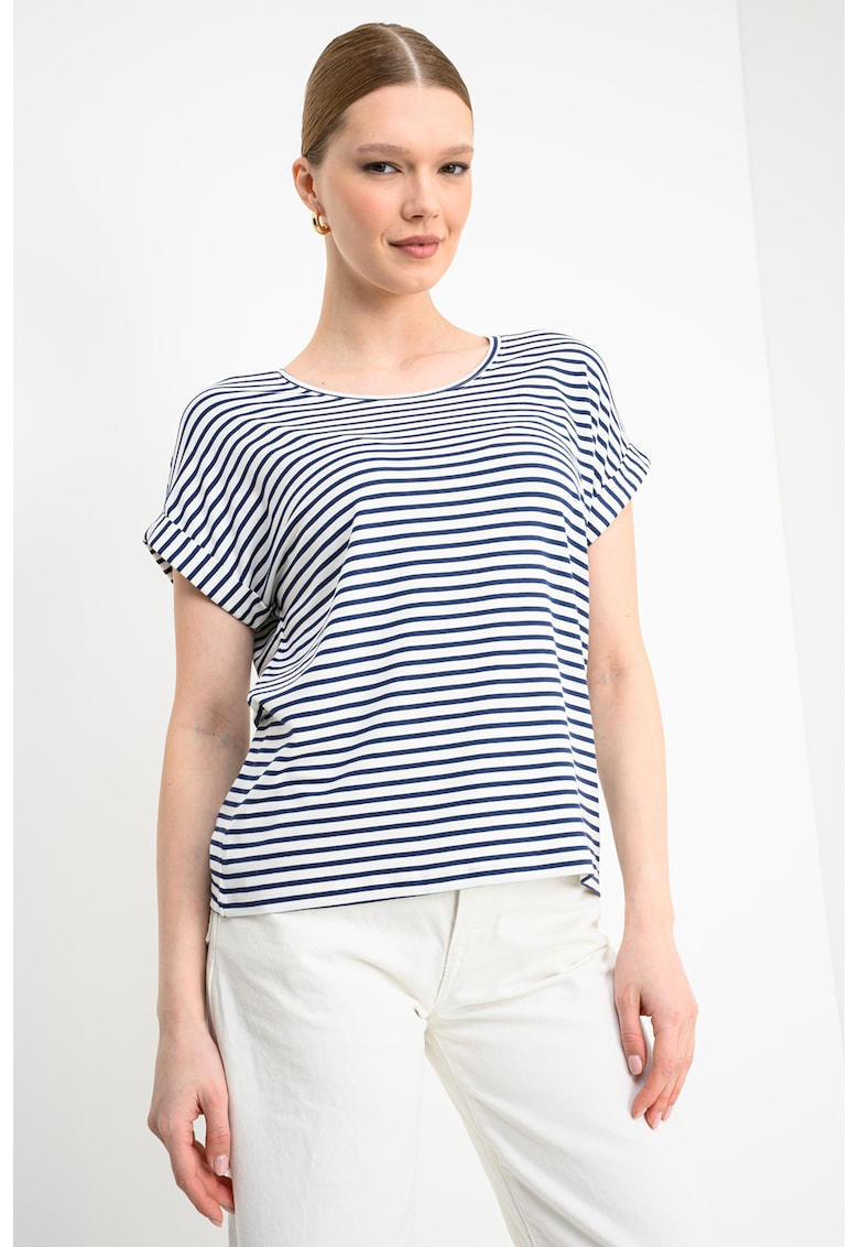 Tricou cu dungi si maneci cazute - Alb/Bleumarin
