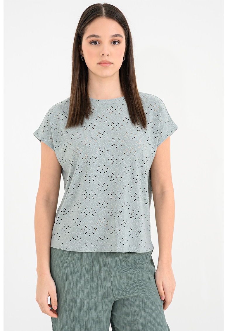 Tricou cu broderie Sangallo Milla - Albastru prafuit