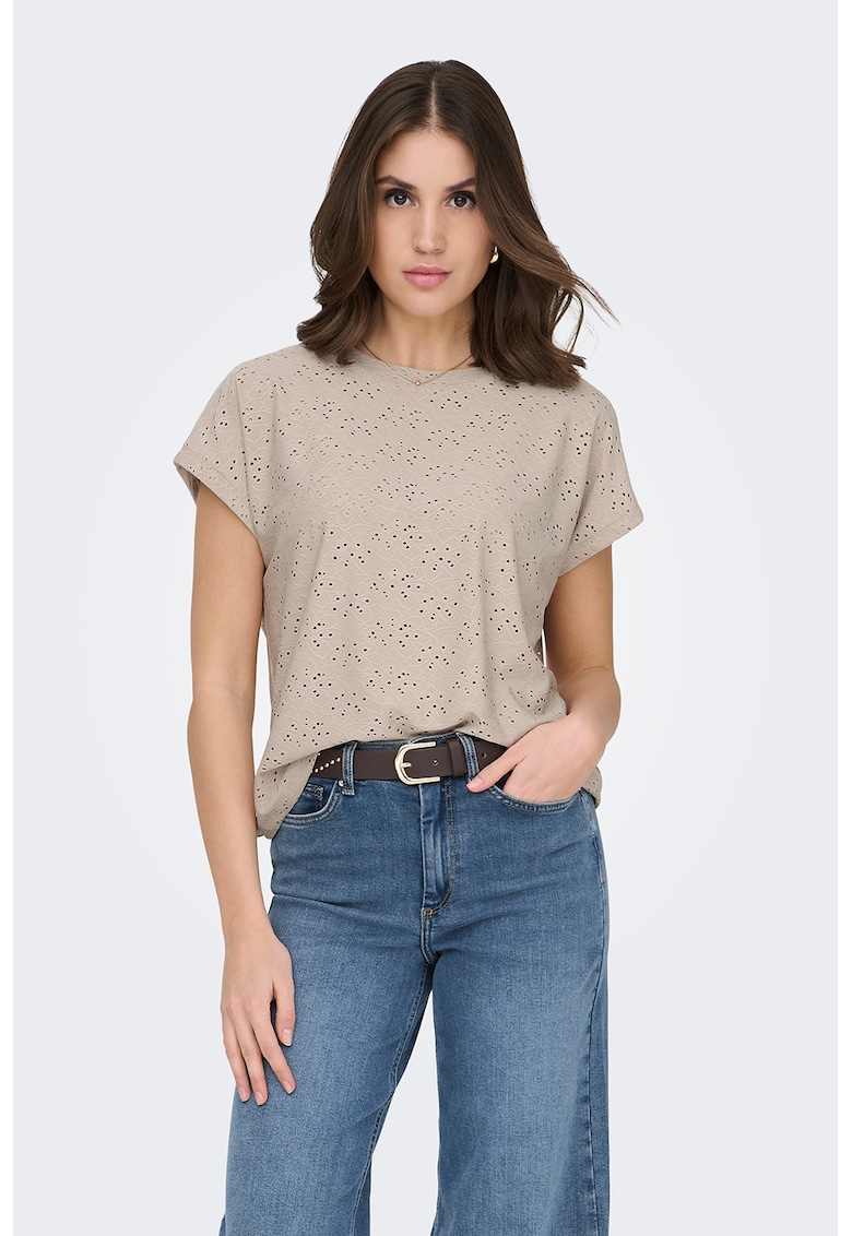 Tricou cu broderie Sangallo Milla - Maro nisip