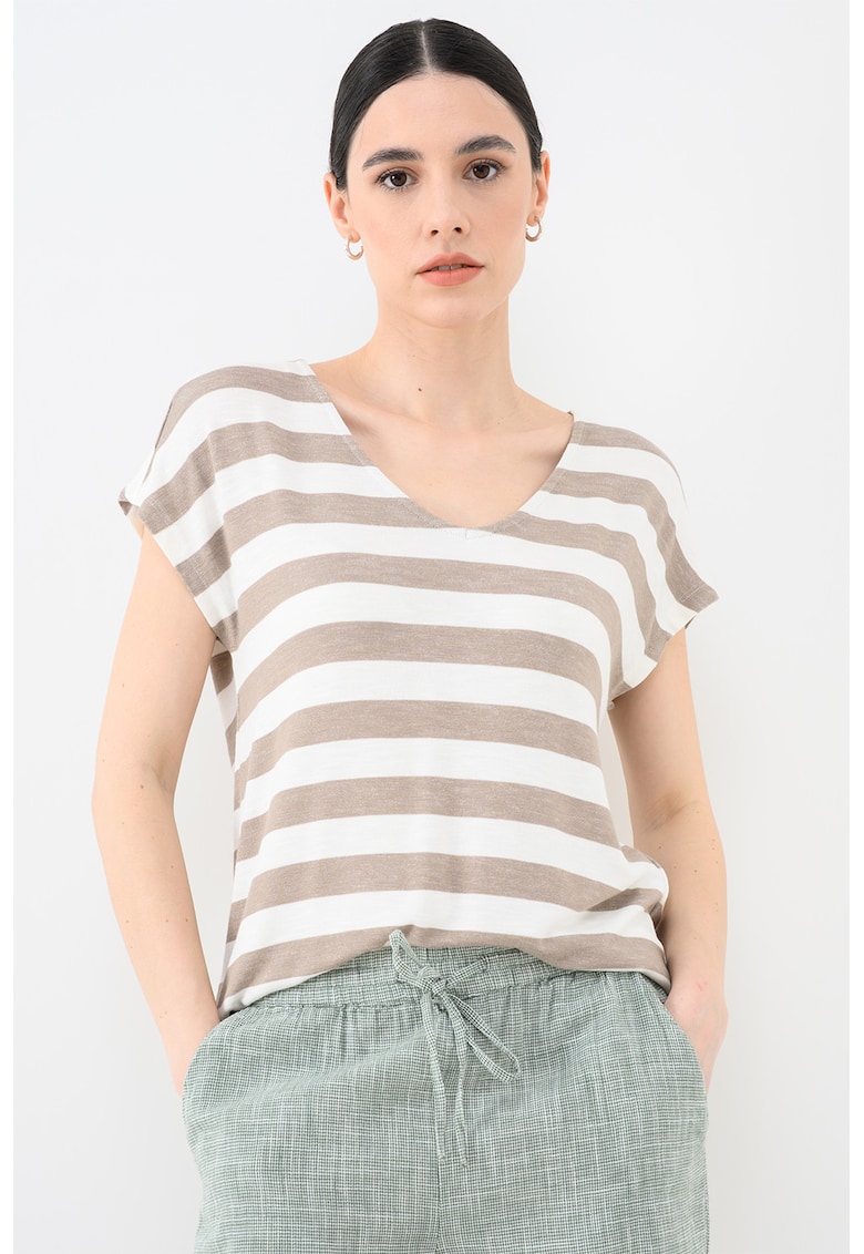Tricou in dungi cu decolteu in V Lira - Alb/Maro taupe