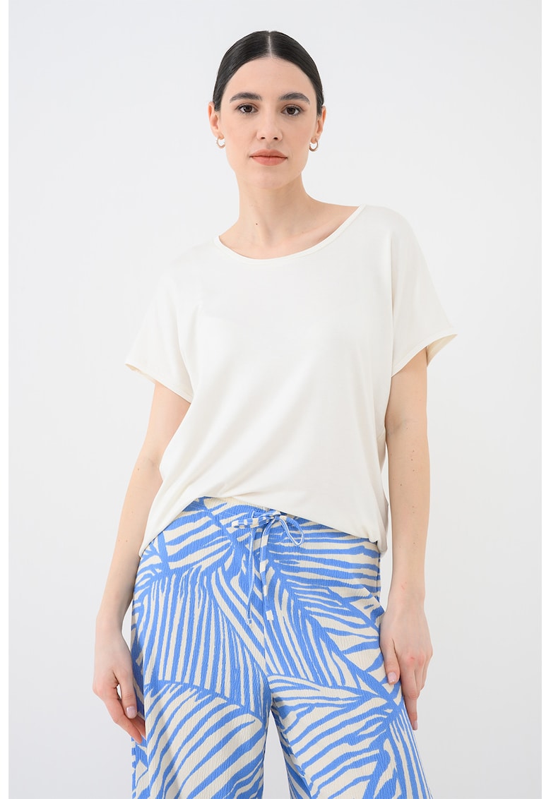 Tricou cu decolteu rotund si aspect stralucitor Carrie - Alb fildes/Argintiu