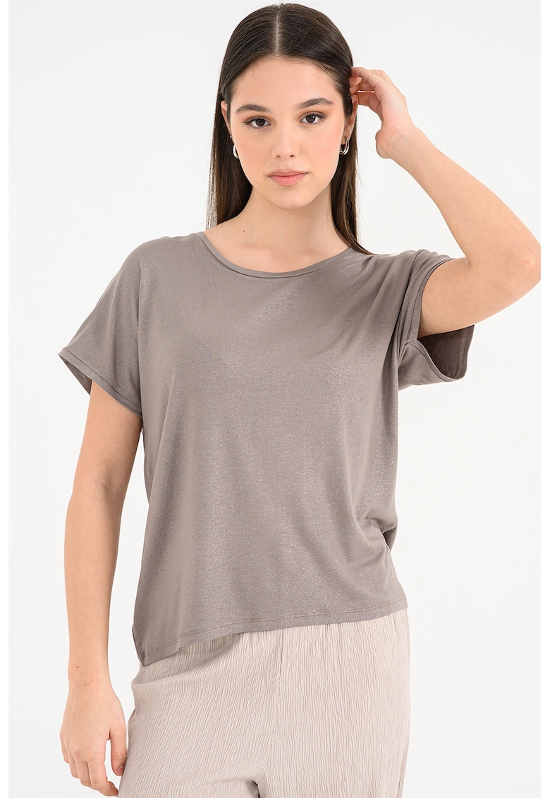 Tricou cu decolteu rotund si aspect stralucitor Carrie - Maro taupe/Argintiu