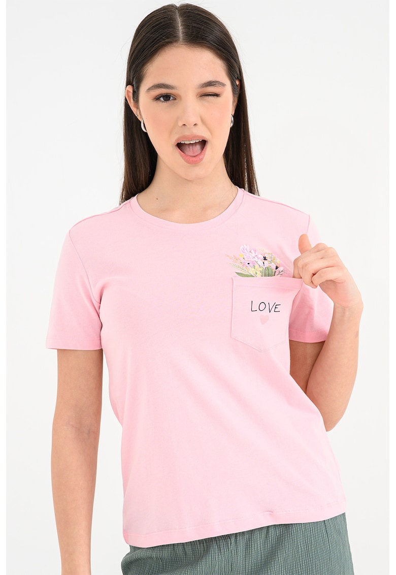 Tricou de bumbac organic cu imprimeu pe piept Polly - Roz pastel