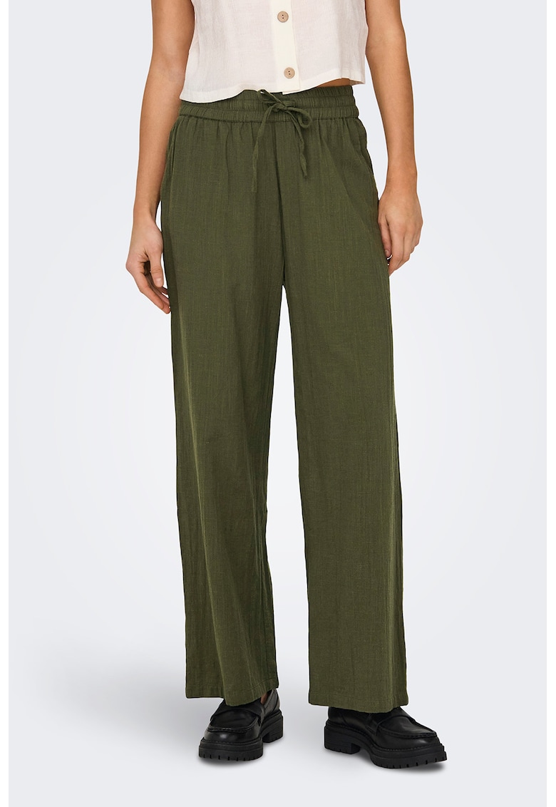 Pantaloni cu buzunare laterale si snur in talie - Verde masliniu