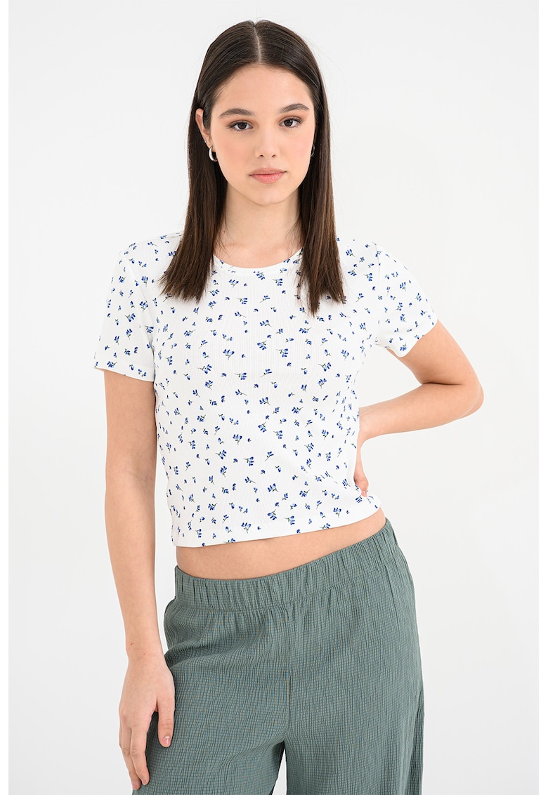Tricou crop din amestec de bumbac organic cu imprimeu - Alb/Verde/Albastru