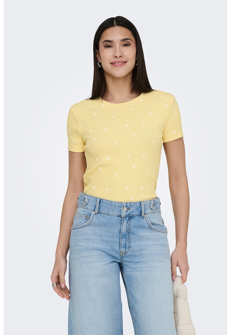 Tricou crop din amestec de bumbac organic cu imprimeu - Galben pal