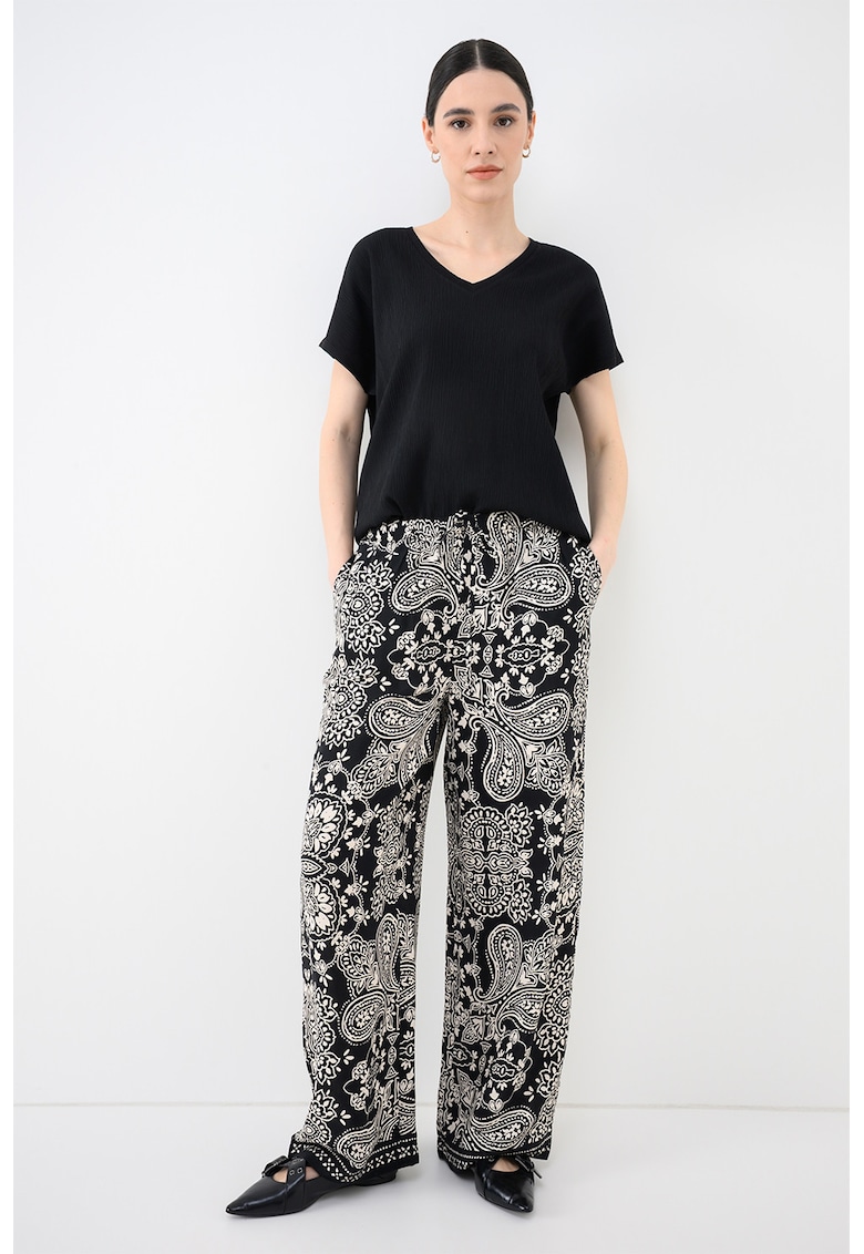 Bluza texturata cu maneci scurte si decolteu in V - Negru
